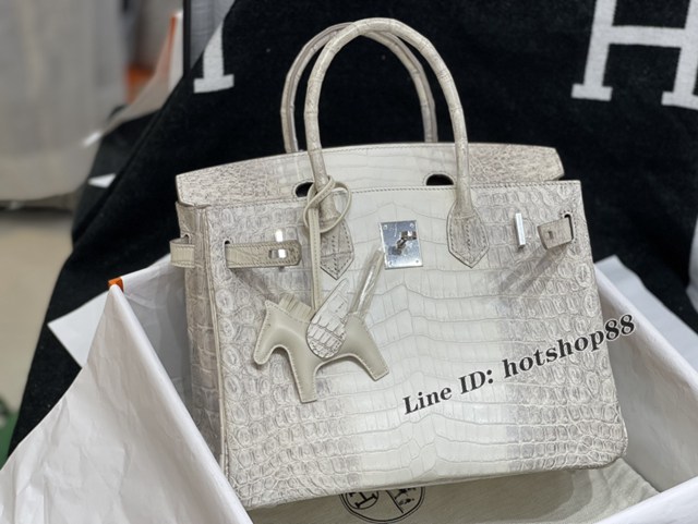 Hermes專櫃鉑金手提女包 愛馬仕Birkin30喜馬拉雅白尼羅鱷蜜蠟線全手工縫製手袋 zhh1089